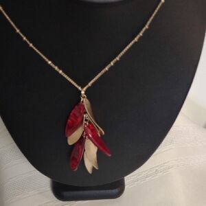 Gold and Red Leaf Pendant Gold Tone Necklace
